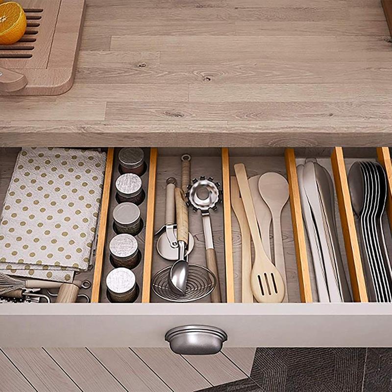 Verstelbare, uitbreidbare verdelers, ladeverdelers van bamboe, lade-organizers van natuurlijk bamboe, het beste voor keuken, dressoir, slaapkamer