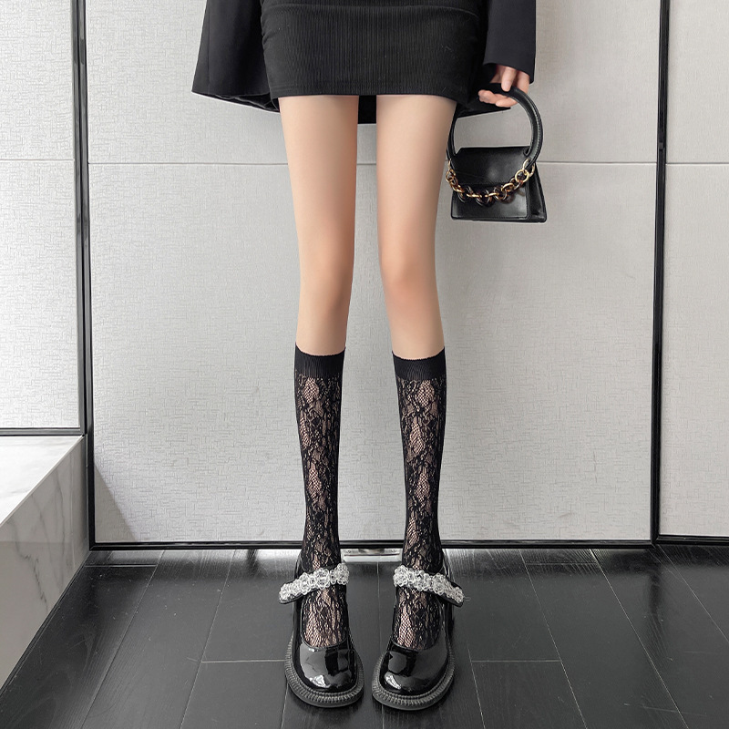 Lace Flower Print Long Socks Lingerie Sexy Mesh Fishnet High Knee Sock Women Summer Thin Transparent Lolita Kawaii Calf Socks: Blue