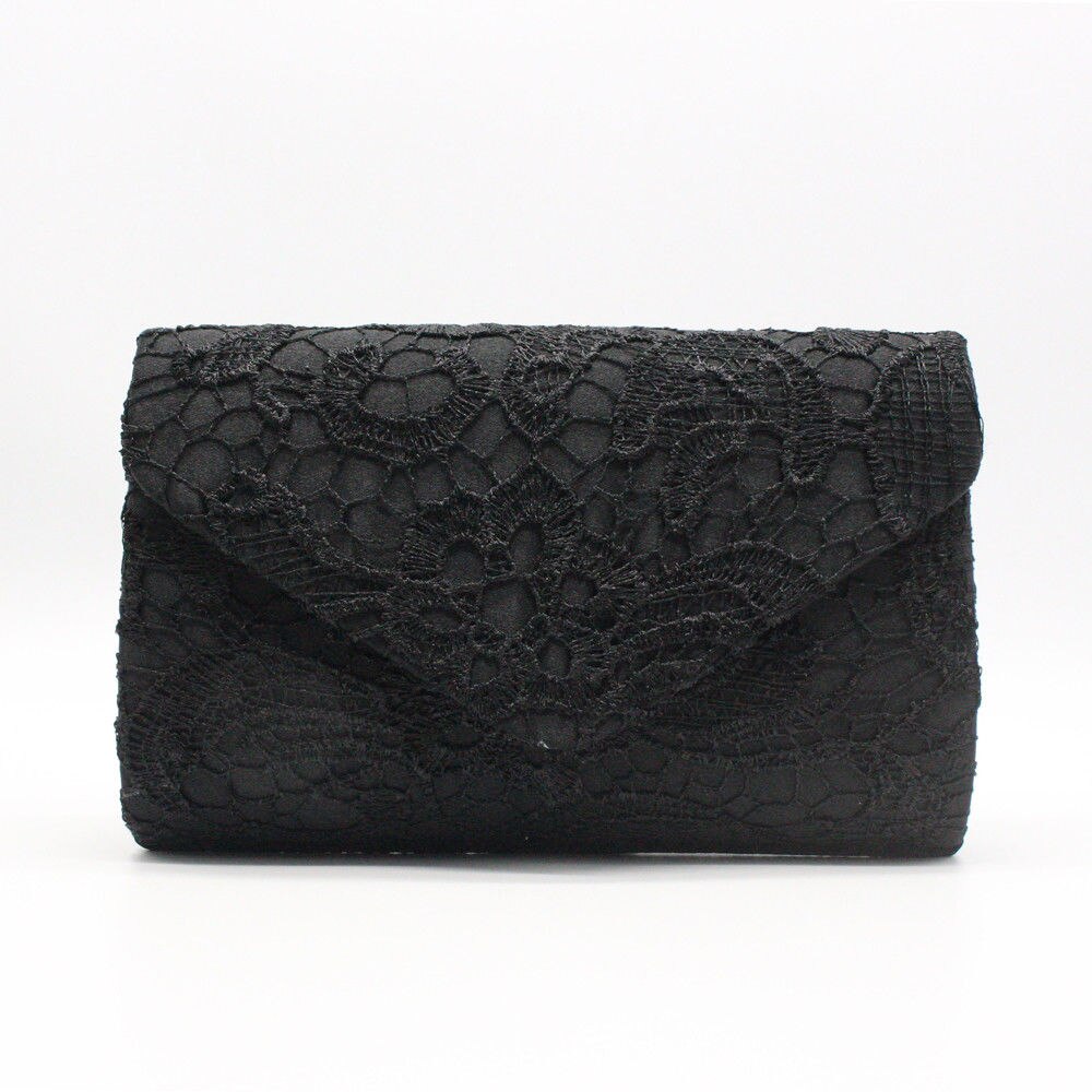 Ladies Women Floral Lace Evening Party Women Clutch Bag Bridal Wedding Purse Handbag: Black