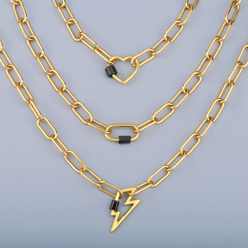 FLOLA-collier à mousqueton, serrure, boulon éclair, Rectangle géométrique, collier de cœur, pendentif, chaîne en or, bijoux nker61