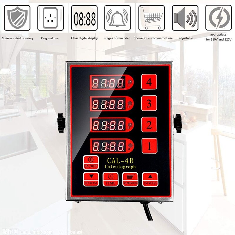 US Plug, Commercial 4 Channel Kitchen Timer Restaurant Timer Loud Alarm Adjustable Cooking Reminder Stainless Steel Clear LED Di