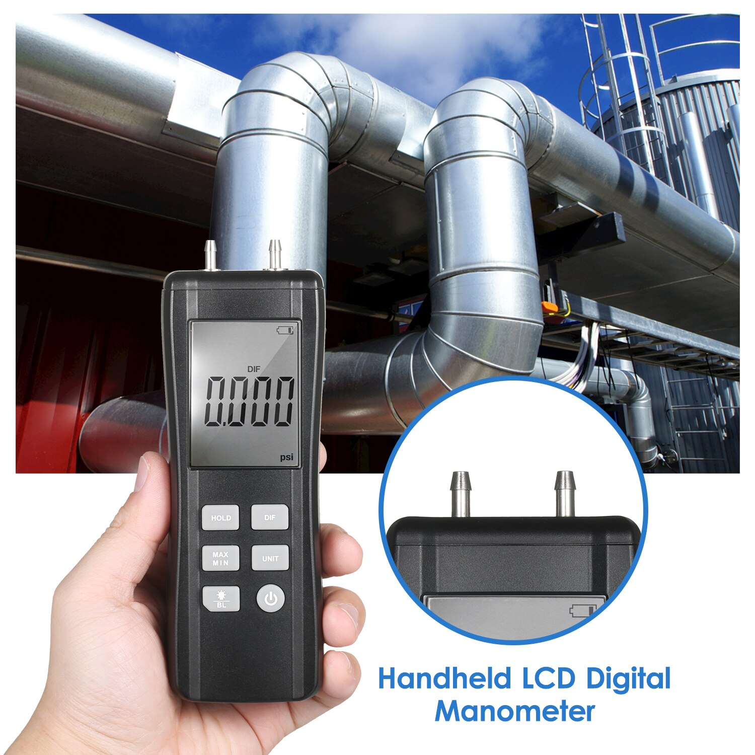 KKmoon Dual-port Digital Manometer Handheld Differential Pressure Gauge HVAC Gas Pressure Meter Large LCD Backlight