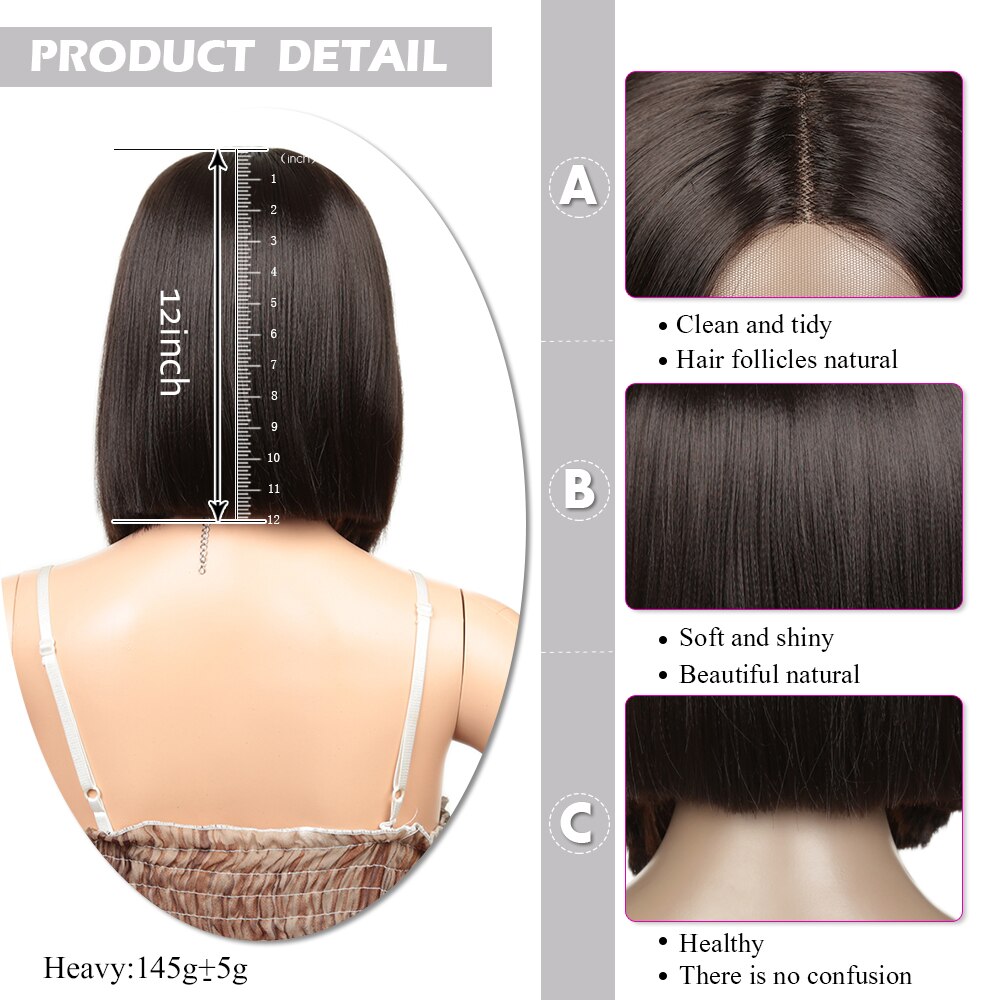 Caschetto corto Dei Capelli Nero Sintetico Parrucca Anteriore Del Merletto Parte Centrale Resistente Al Calore Marrone Medio Parrucche Diritte per le Donne 12 pollici alibaby