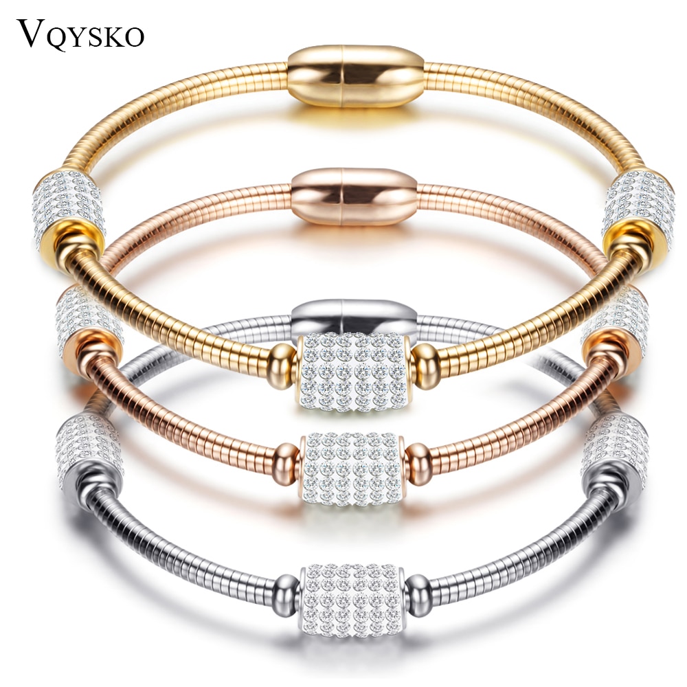 Women Crystal Bead Bracelet Bangles Stainless Steel Snake Chain Women Wedding Jewelry