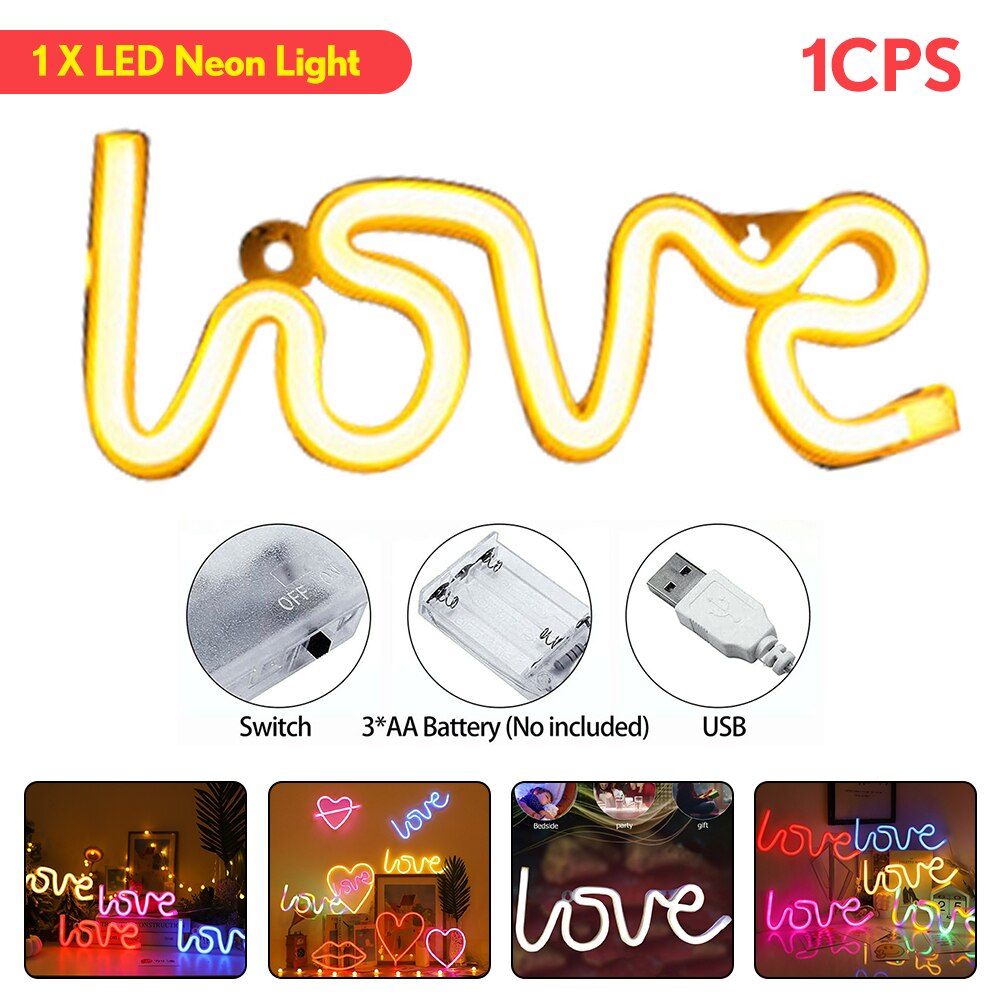 Romantic LOVE Letters LED Night Light USB Charging Home Decor Neon Lamp USB Charging battery box lamp Home led night lamp: Yellow