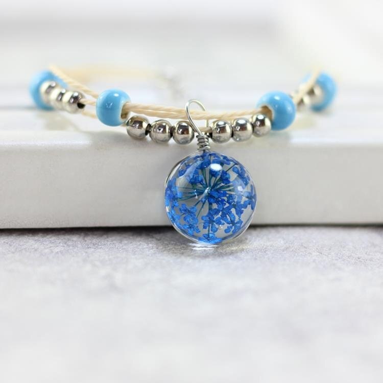 Lidavi di Vetro Del Braccialetto Del Tessuto Fortunato Bracciali di Fiori Fatti A Mano del Dente di Leone Tessuto Fiori Secchi Perle di Vetro Braccialetto Dei Monili Delle Donne Nuovo: Blue