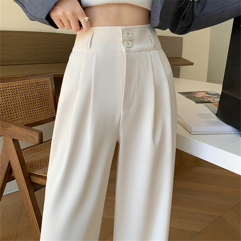 Spring Summer White High Waist Suit Wide Leg Women's Pants Female Buttons Minimalism Straight Loose Trousers