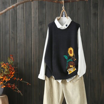 Chaleco con estampado de girasoles y bordado literario para chicas, jerséis tejidos para mujeres, Tops sin mangas, chalecos, jerséis con cuello ovalado informal: Black