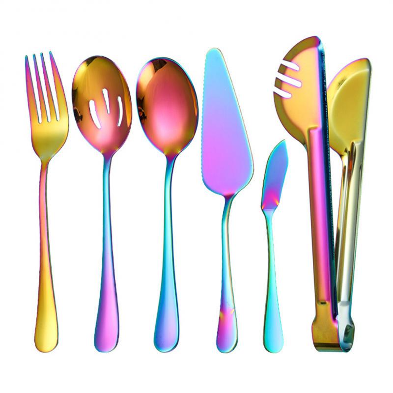 Cutlery Set Stainless Steel Food Tongs Meal Spoon Slotted Spoon Soup Spoon Dessert Fork Shovel Food Tongs Colander: 6pcs color