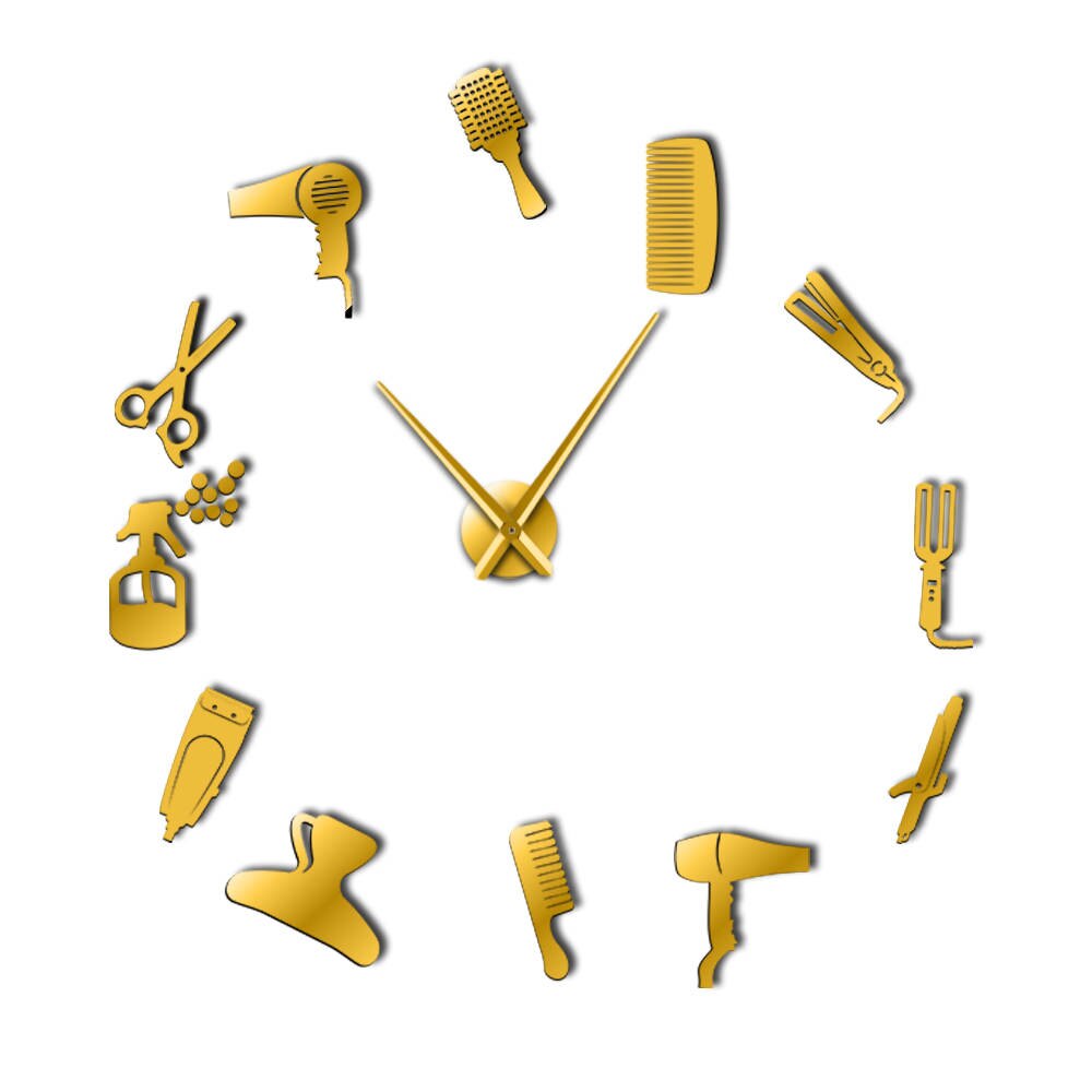 Reloj de pared para barbería, herramienta para el cabello, pegatinas grandes, salón de belleza sin marco, relojes grandes, reloj de pared de peluquería, moderno: Dorado / 37inch