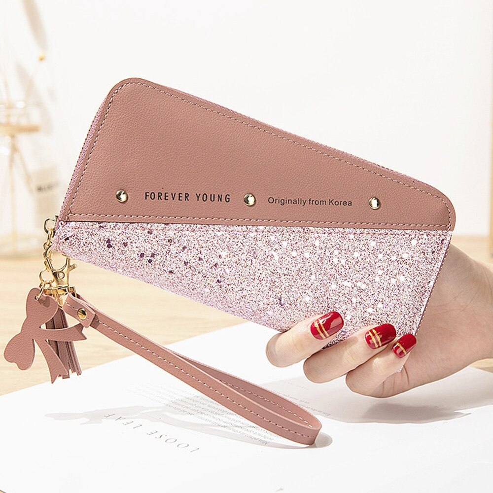 Sequined Patchwork Glitter Wallet for Women Long PU Leather Wallet Coin Purse Female Wallets Girls Wholeale: dark pink