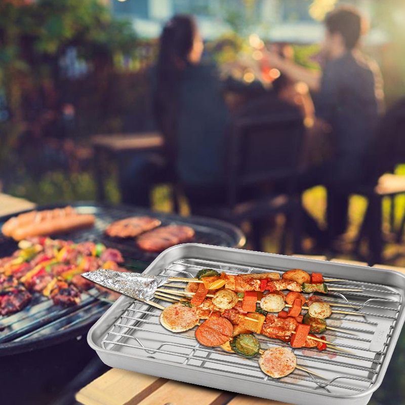 Stainless Steel Baking Tray With Removable Cooling Rack Set Non-stick Chip Basket Baking Grill Mesh BBQ Kitchen Tool Oil Drainer