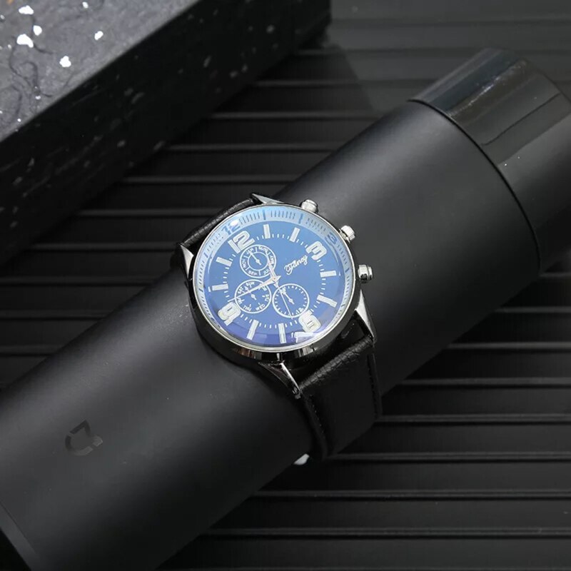 Herreure quartz armbåndsur med foldespænde læder pung sæt til mænd kæreste far fars dag