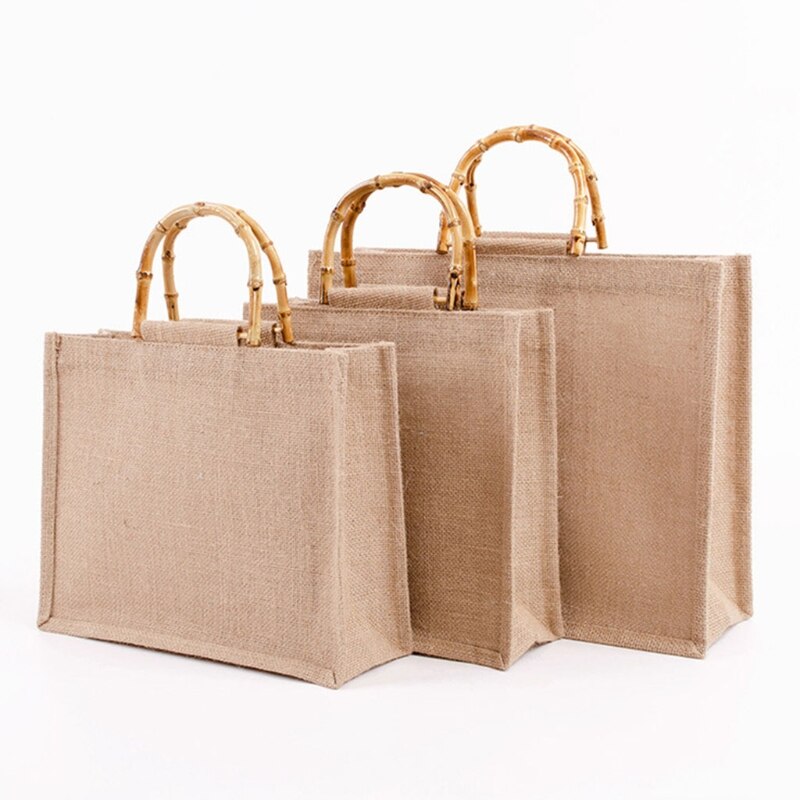 Draagbare Jute Jute Boodschappentas Handtas Bamboe Lus Handgrepen Tote Boodschappentassen Voor Vrouwen Meisjes