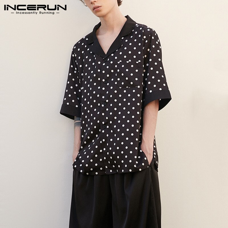 Men Loose Homewear Suits Comfy Sleepwear Sets INCERUN Leisure Polka Dot Blouse Elastice Waist Shorts Pajamas Suits S-5XL