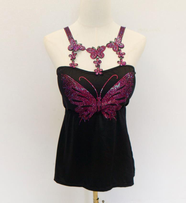 butterfly Women Camis Sexy Femme Padded Camisole Lady Rhainstones Gemstones Tanks Padded Tank Tops: M / Beige