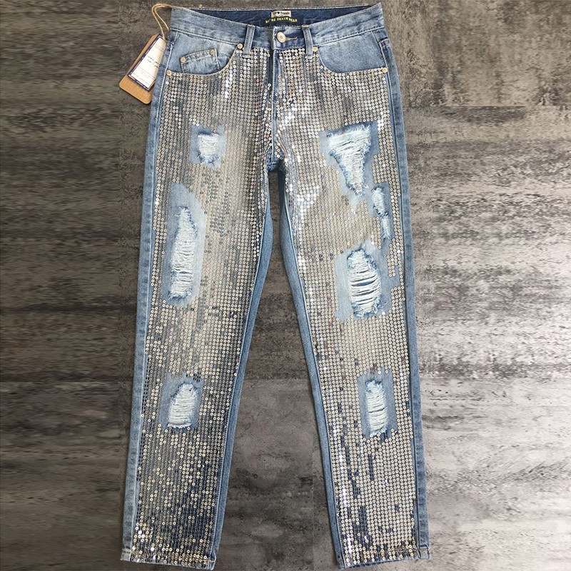 Jean pailleté femme trou déchiré détruire jean pantalon