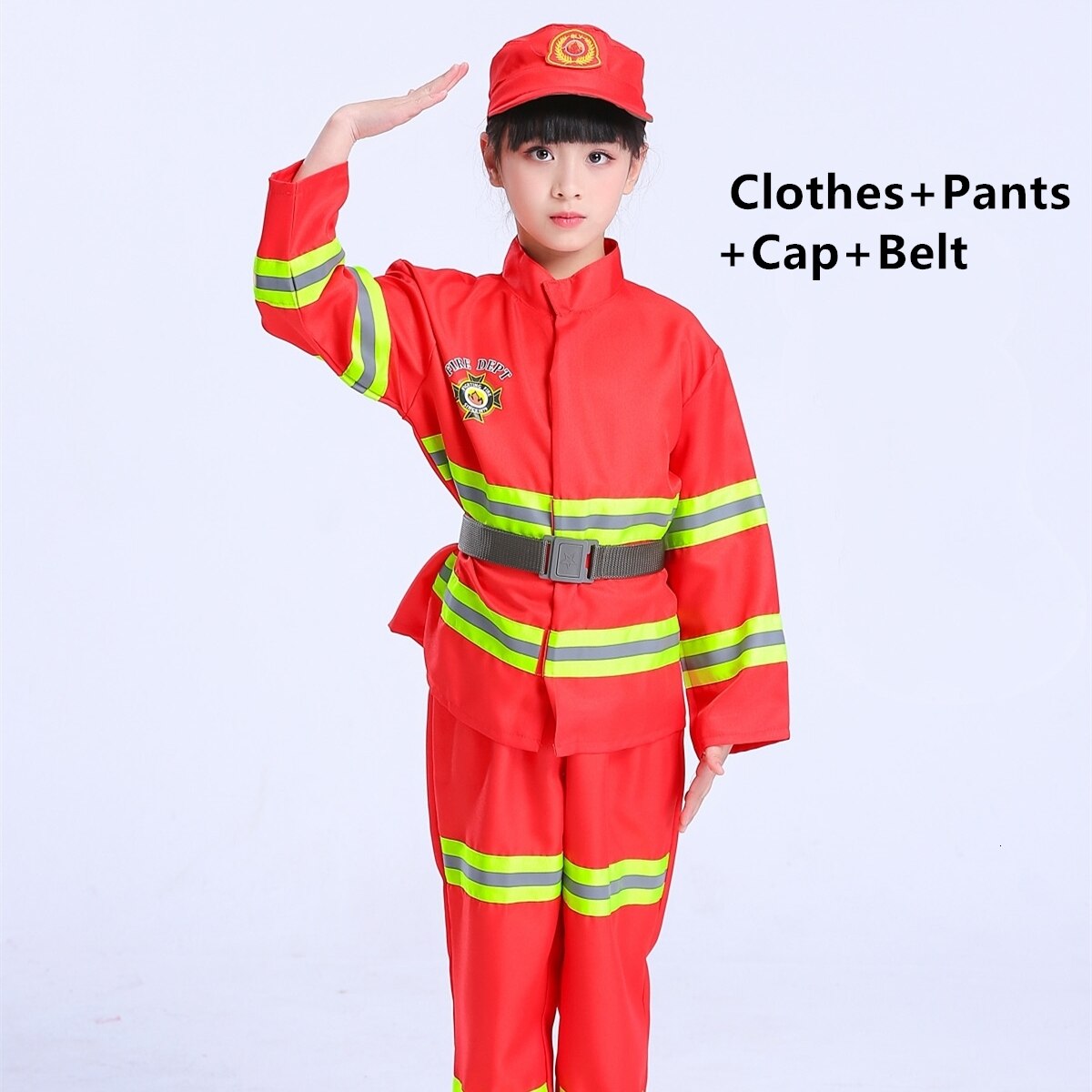 Feuerwehrmann Cosplay Halloween Kostüme für Kinder Kinder Feuer Polizei Kleidung Feuerwehrmann Uniform für Jungen Kostüm Set 100-170CM: Red set / 150CM height