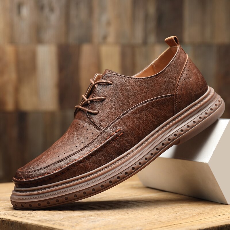 Italiaanse herenschoenen, veterschoenen, klassieke herenschoenen, leren herenschoenen, oxfords, waterdichte schoenen voor buiten, korte schoenen voor buiten: Bruin / 9