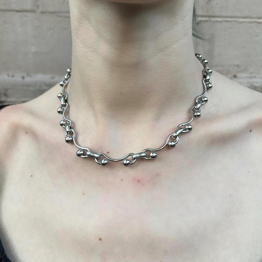 Collar de cadena de bolas onduladas de acero inoxidable Y2K para mujeres y hombres, joyería hecha a mano de Punk Grunge