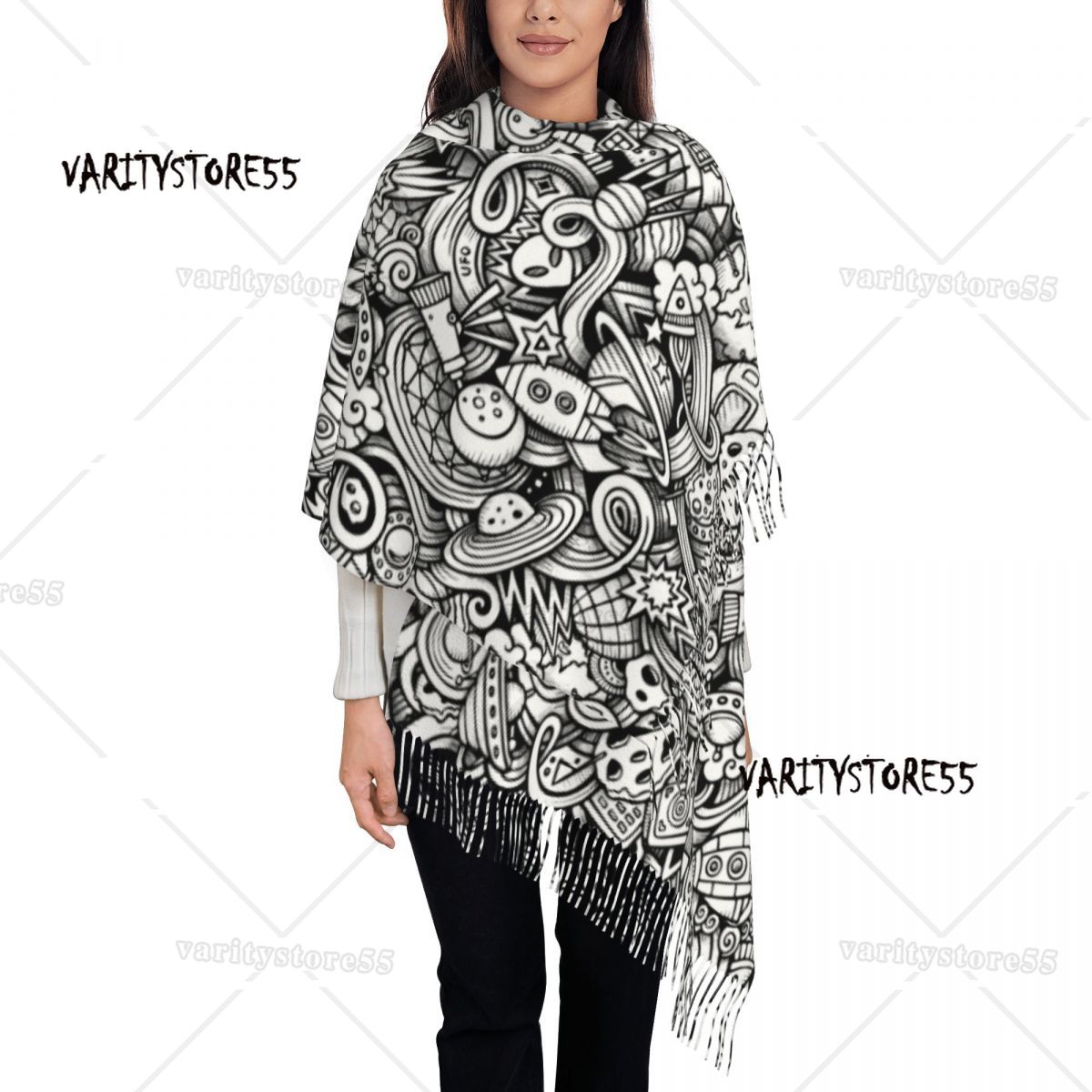 Brugerdefineret galakse stjernehimmel rum astronaut kvasttørklæde kvinder blødt sjal wrap dame vintertørklæder: Sort