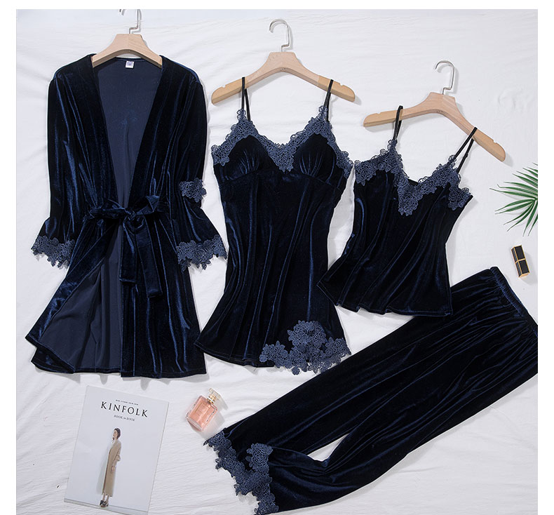 Burgundy Velour Pajama Suit Women 4PCS Kimono Robe Nightgown Set Sleepwear Lady Winter Velvet Warm Lace Folwer Bathrobe Gown: Navy Blue / M