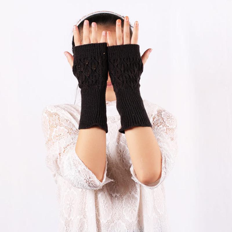 Winter Warm Fingerless Knitted Gloves For Women Acrylic Stretch Half Finger Arm Glove Crochet Knitting Faux Girls Mitten Gloves: Black