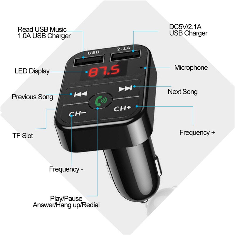 Dual USB Car Phone Charger Bluetooth 5.0 FM Transmitter Handsfree FM Modulator 3.1A Fast Charger Car Accessories MP3 Player