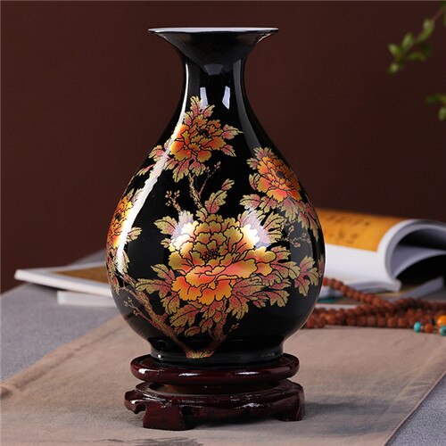 Jarrón de estilo chino, jarrón Jingdezhen de porcelana negra, florero de flor de esmalte para el hogar, floreros con rosas brillantes hechos a mano: Verde militar
