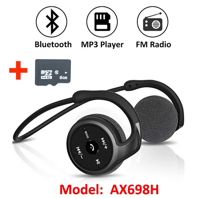 Arikasen słuchawki Bluetooth sportowe słuchawki MP3 odtwarzacz zestaw słuchawkowy radia FM rozszerzona pamięć słuchawki bezprzewodowe odtwarzacz słuchawki z Bluetooth mikrofonem: Black