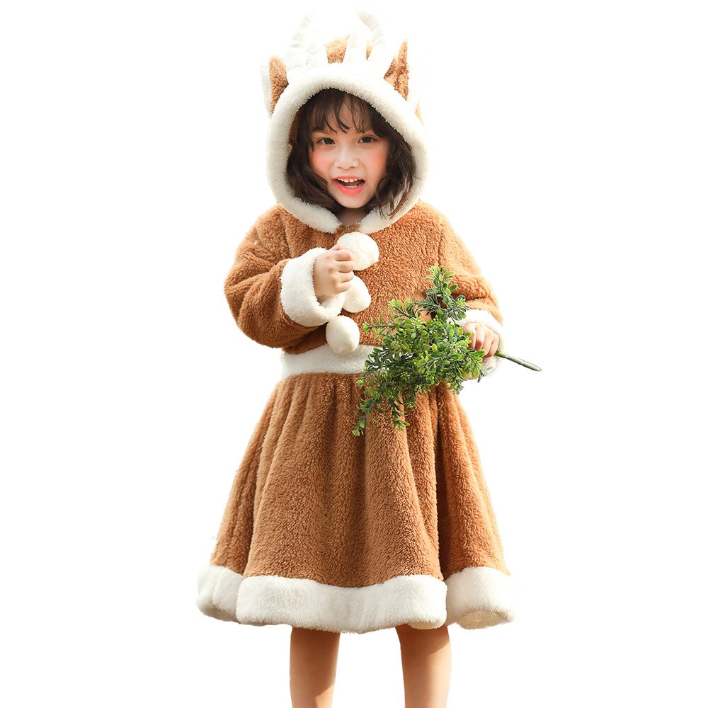 Kids Girls Christmas Elk Animal Cosplay Velvet Hooded Dress Children ...