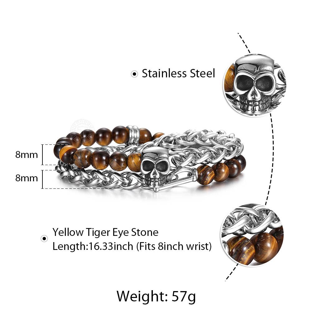 Black Lava Beaded Bracelet for Men Stainless Steel Double Layered Wheat Link Skull Charm Bracelets Male Halloween Jewelry LDB183