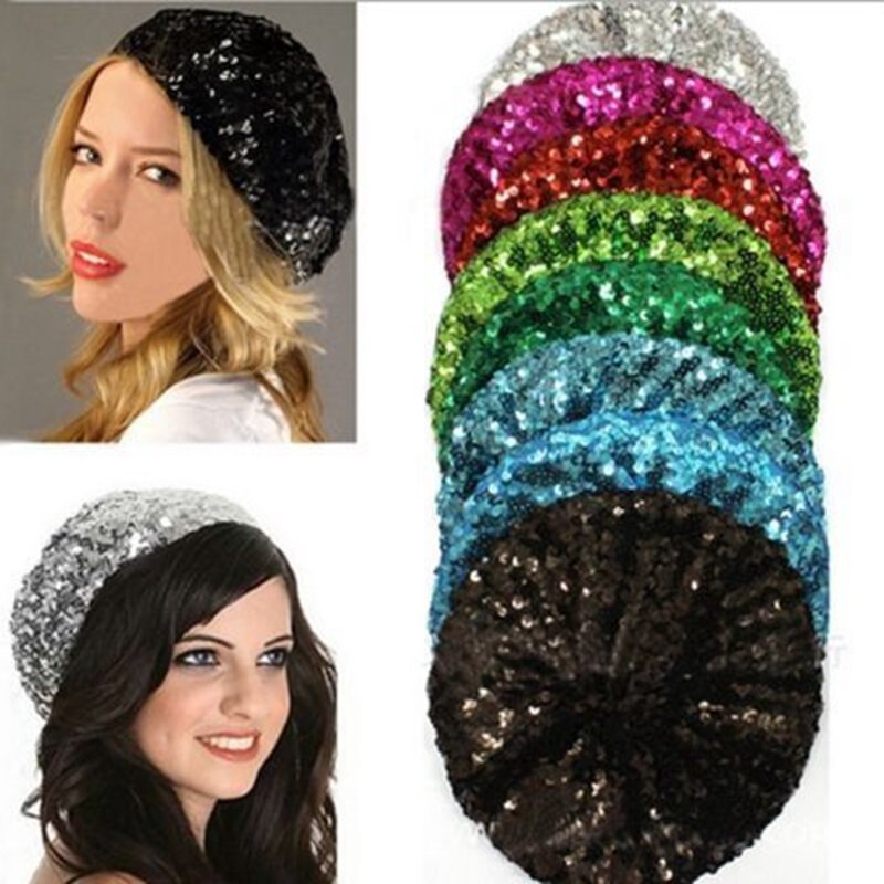 Kvinder dame stretch hæklet skinnende paillet beret hat fest beanie cap club dance