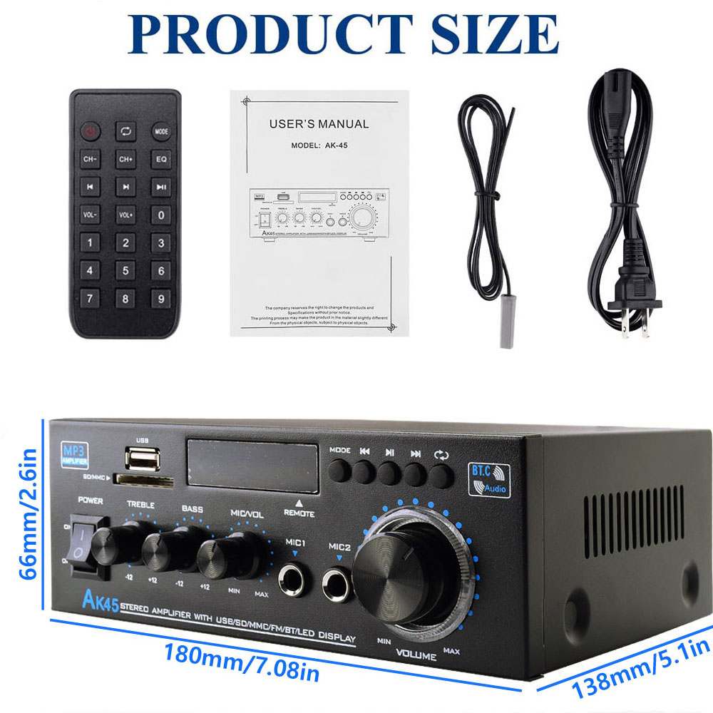 Woopker HiFi Digital Amplifier AK45 Bluetooth MP3 Channel 2.0 Sound AMP Support 90V-240V for Home Car MAX 400W*2
