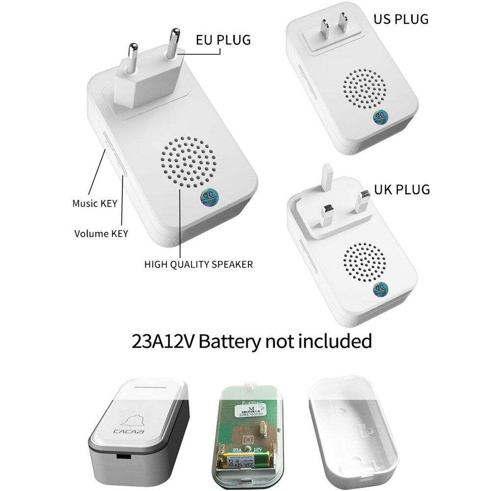 CACAZI Home Welkom Draadloze Deurbel Waterdicht 2 Knop 1 Ontvanger US EU UK AU Plug 300M Remote Call Deur bell Draadloze Chime