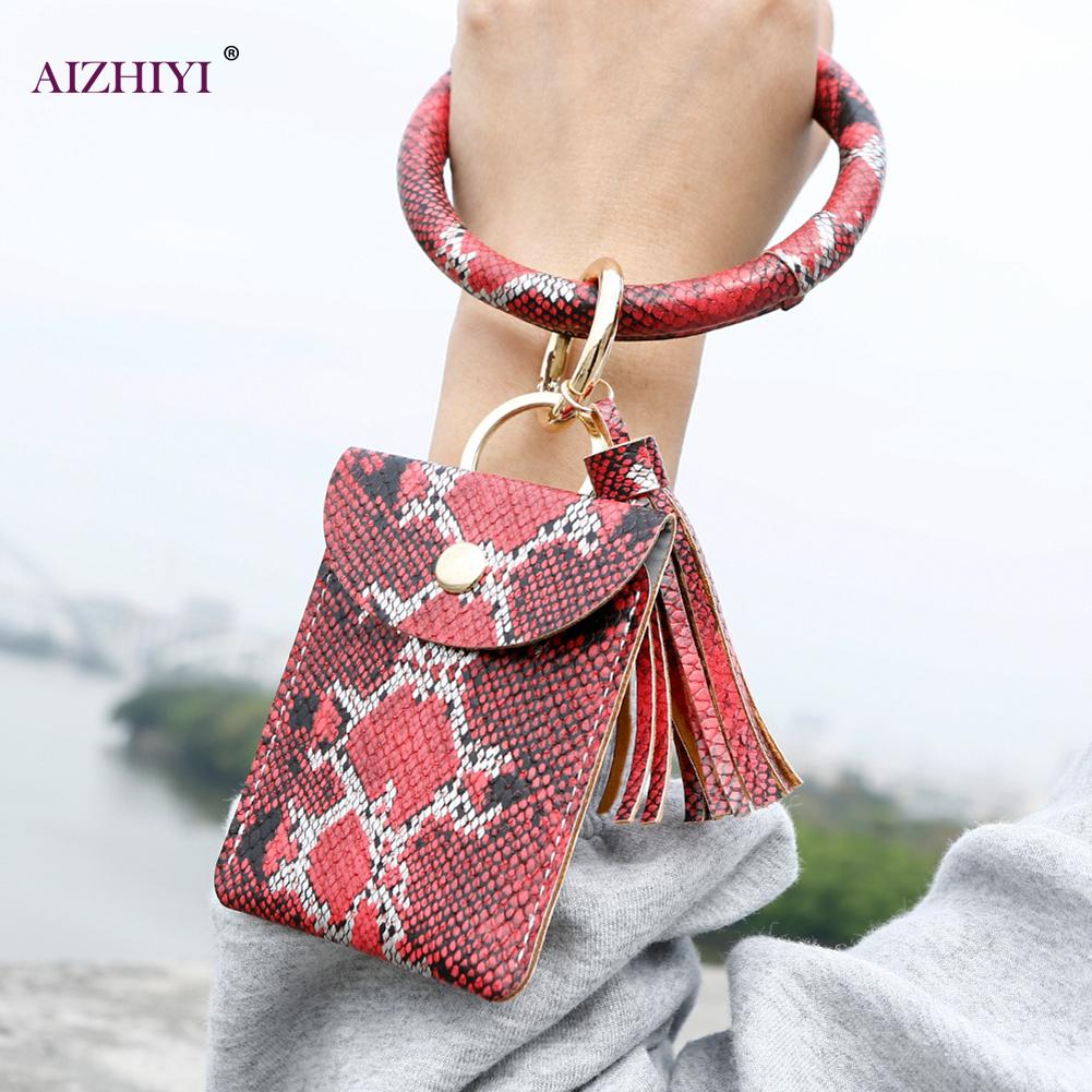 Keychain Card Bag for Women Men Leopard Wallet PU Leather Tassel Kabaw Bracelet Keychain Jewelry