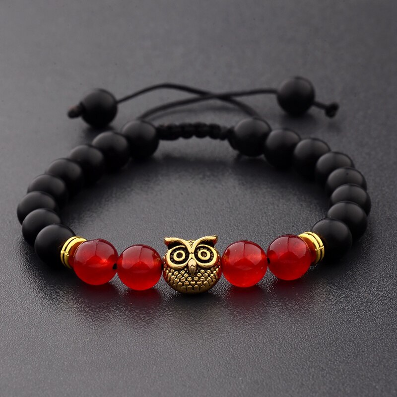 OIQUEI Metalen Helm Uil leeuwenkop Kralen Armband Mannen Kleurrijke Stenen Kralen Verstelbare Armbanden Mala Yoga Armband Voor Vrouwen