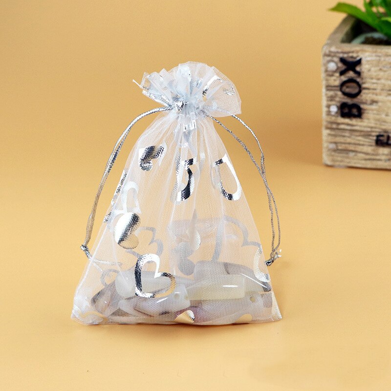 Bolsas pequeñas de Organza para decoración de bodas, embalaje de joyería, dulces de Chocolate, bolsa de con de corazones de Navidad, 100 Uds.