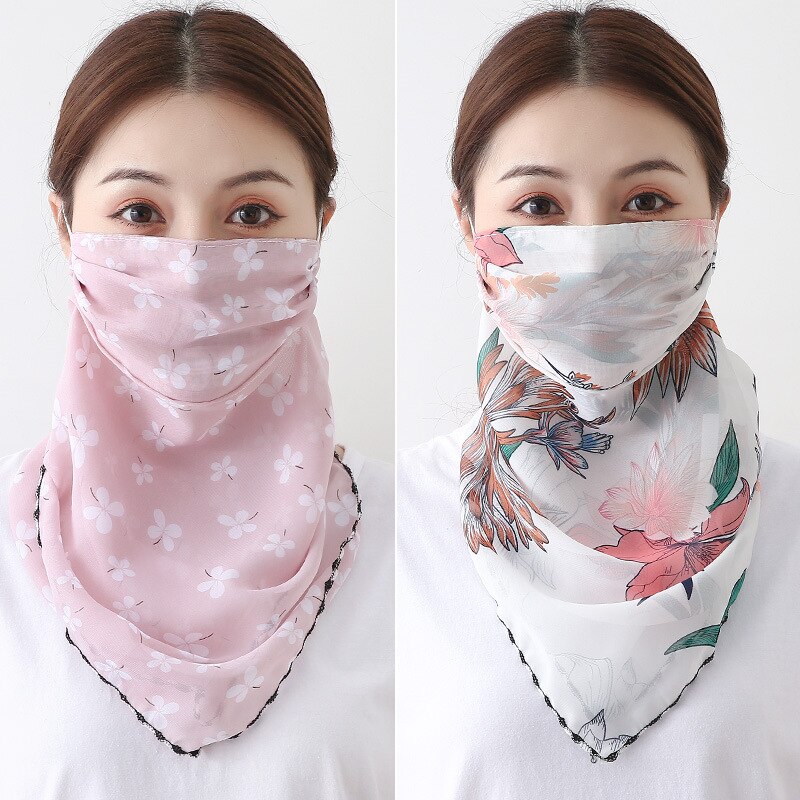 Frauen Chiffon Maske Schal Gesicht wickelt Blumen- drucken Dame Seide Hals Schals Foulard Bandana Sommer Sonne Masken Anti-staub schützen