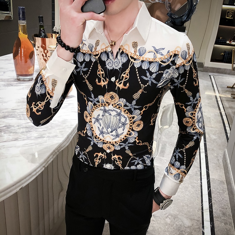Guld sort koreansk mænd tøj streetwear print mænd casual skjorte slim fit mænd skjorte kjole fest smoking camiseta masculina: Øvre skulder hvid / Koreansk xxl 65-72kg 