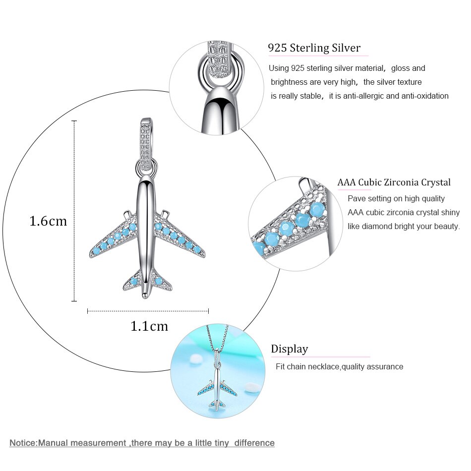 Real 925 pingente de prata esterlina com cristal austríaco moda jóias esmalte azul avião pingente colar para o casamento feminino