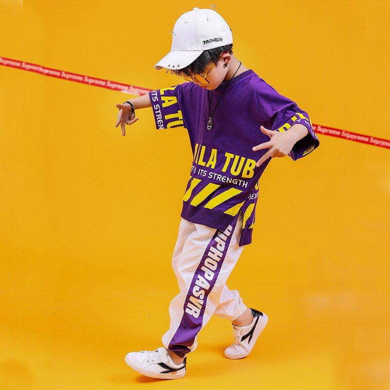 Niños y Niñas Ropa de Primavera de de de verano ropa para niña suelta de Hip-hop actuación de Street Dance traje: 160 / purple white