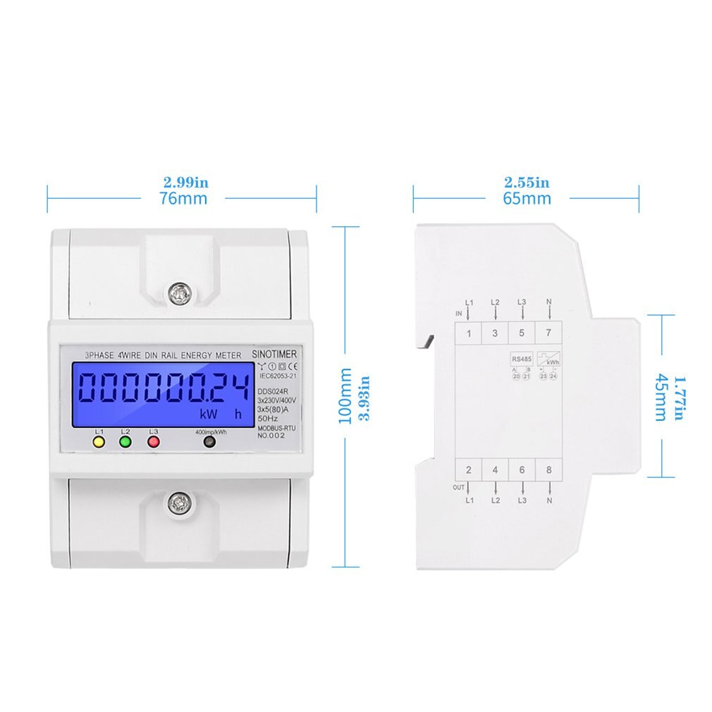 RS485 Modbus Rtu DIN Rail 3 Phase 4 Wire Electronic Wattmeter Power Consumption Energy Meter 5-80A 380V AC 50Hz LCD Backlight