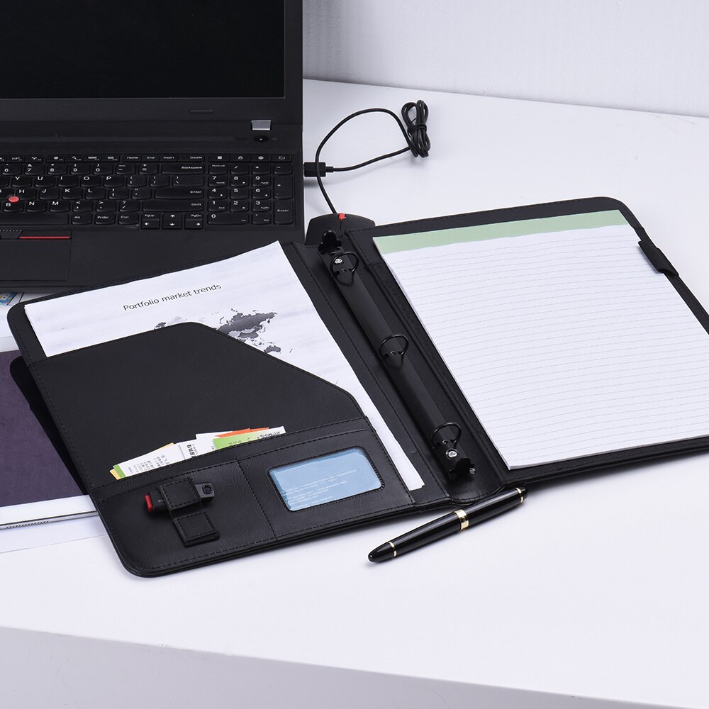 A4 PU Folder Document Case Organizer Leather Padfolio Business with Business Card Memo Note Pad Loose-leaf Loop