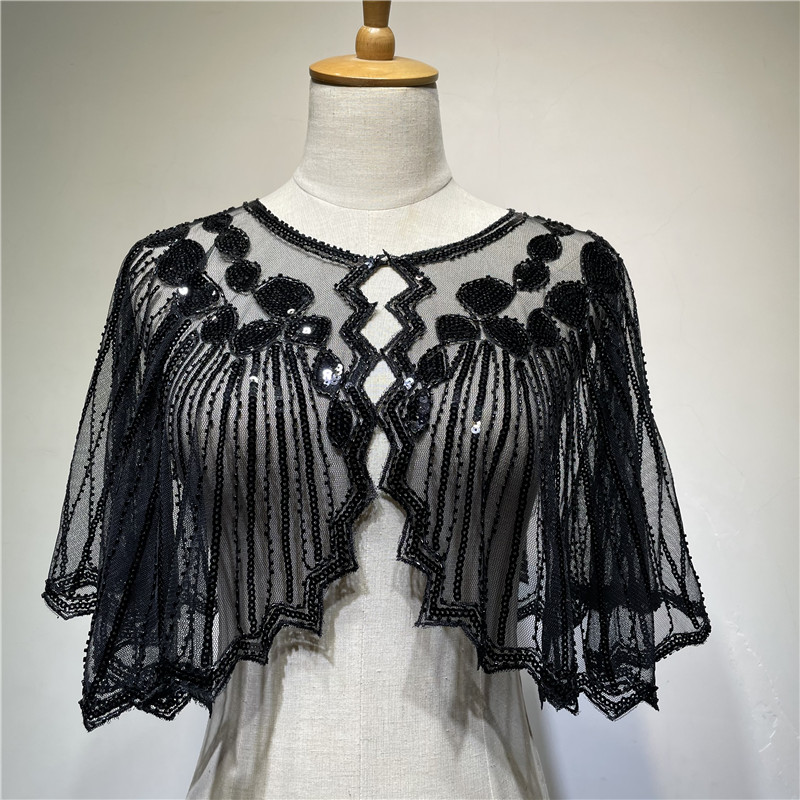 Vintage 1920s flapper xale lantejoulas frisado capa curta frisado decoração gatsby festa malha curto cobrir vestido acessório: Preto