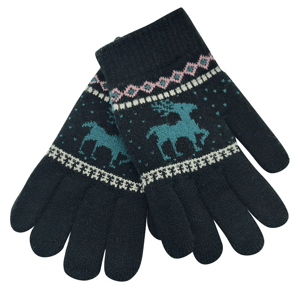 Kerst Kinderen Kids Jongens Meisjes Winter Warm Cartoon Herten Print Vinger Wanten Gebreide Casual Mode Handschoenen: Zwart