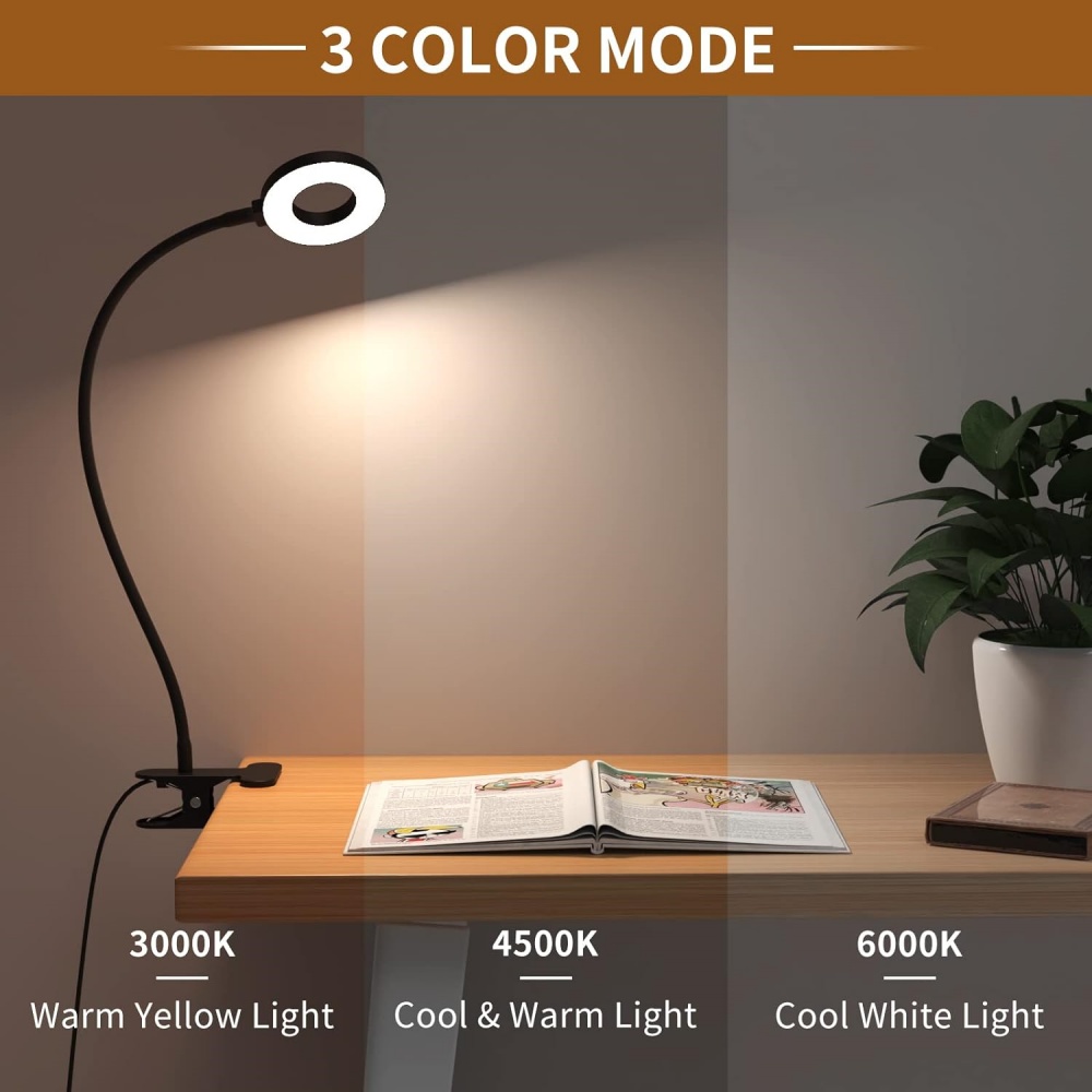 LED-leeslamp met klem 3 kleuren en 10 helderheid Bureaulamp Flexibele zwanenhals Boeklamp Kinderen lezen Nachtlampje Boeklicht