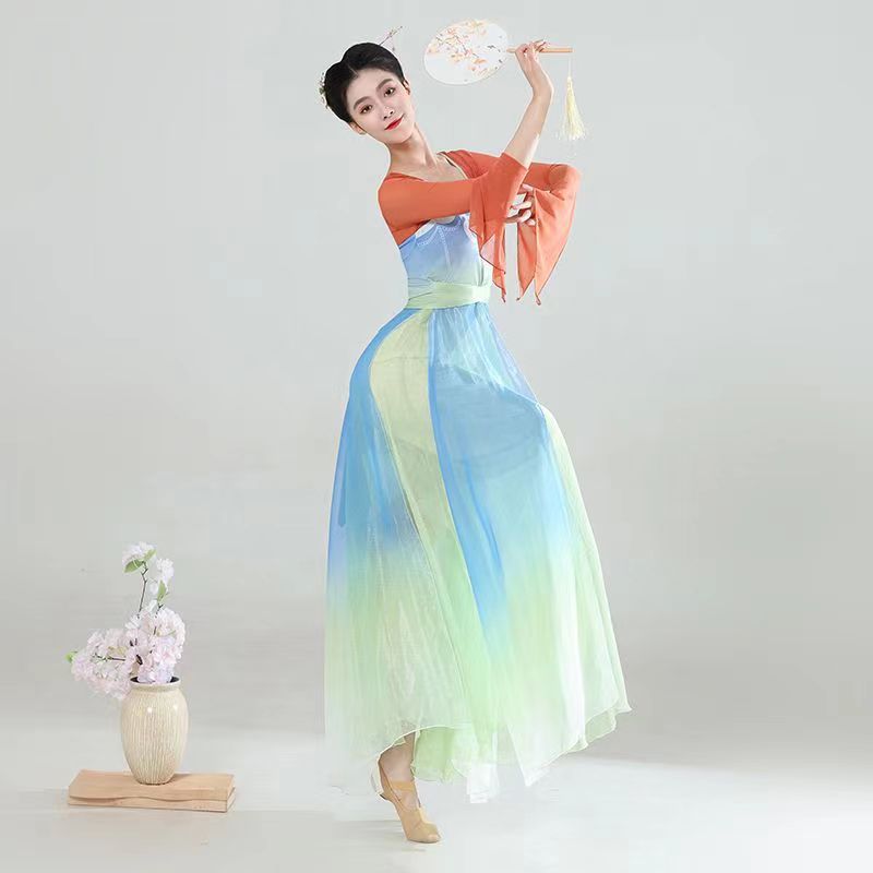 Vrouwen Klassieke Dans Kostuum Vloeiende Geleidelijke Pak Fee Praktijk Jurk Gaas Chinese Dans Optreden Podium Dagelijkse Danskleding