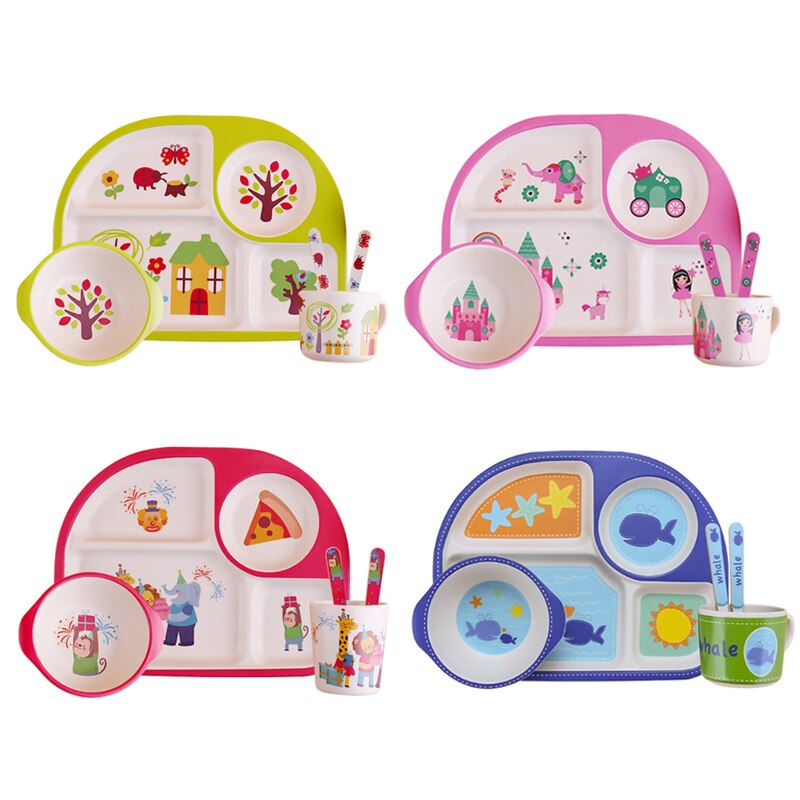 5 unids/set de vajilla de comida de dibujos animados para niños, plato de comida para niños, platos de alimentación para bebés y niños, tazón de entrenamiento, cuchara, tenedor