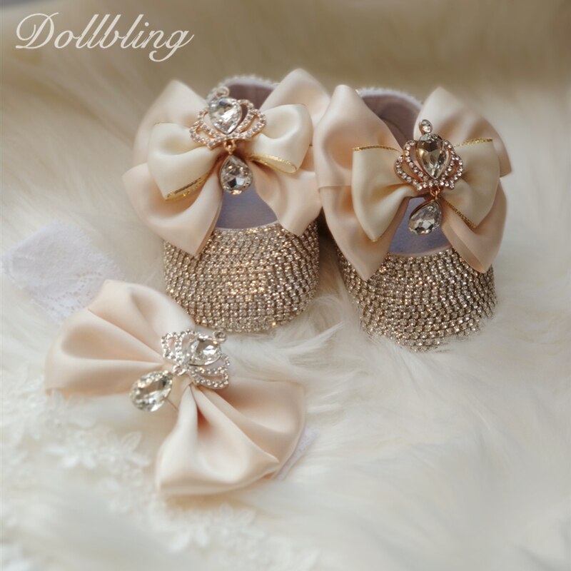 Dollbling Barokke Glam Meisje Eerste Wandelschoenen Golden Crown Exotische Bohemen Unieke Bling Prachtige Strass Baby Wieg Schoenen